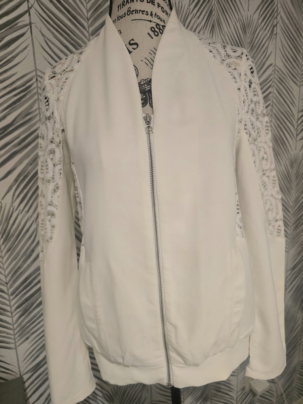 White Lace Sleeve Bomber Jacket - Elegant Zip Front